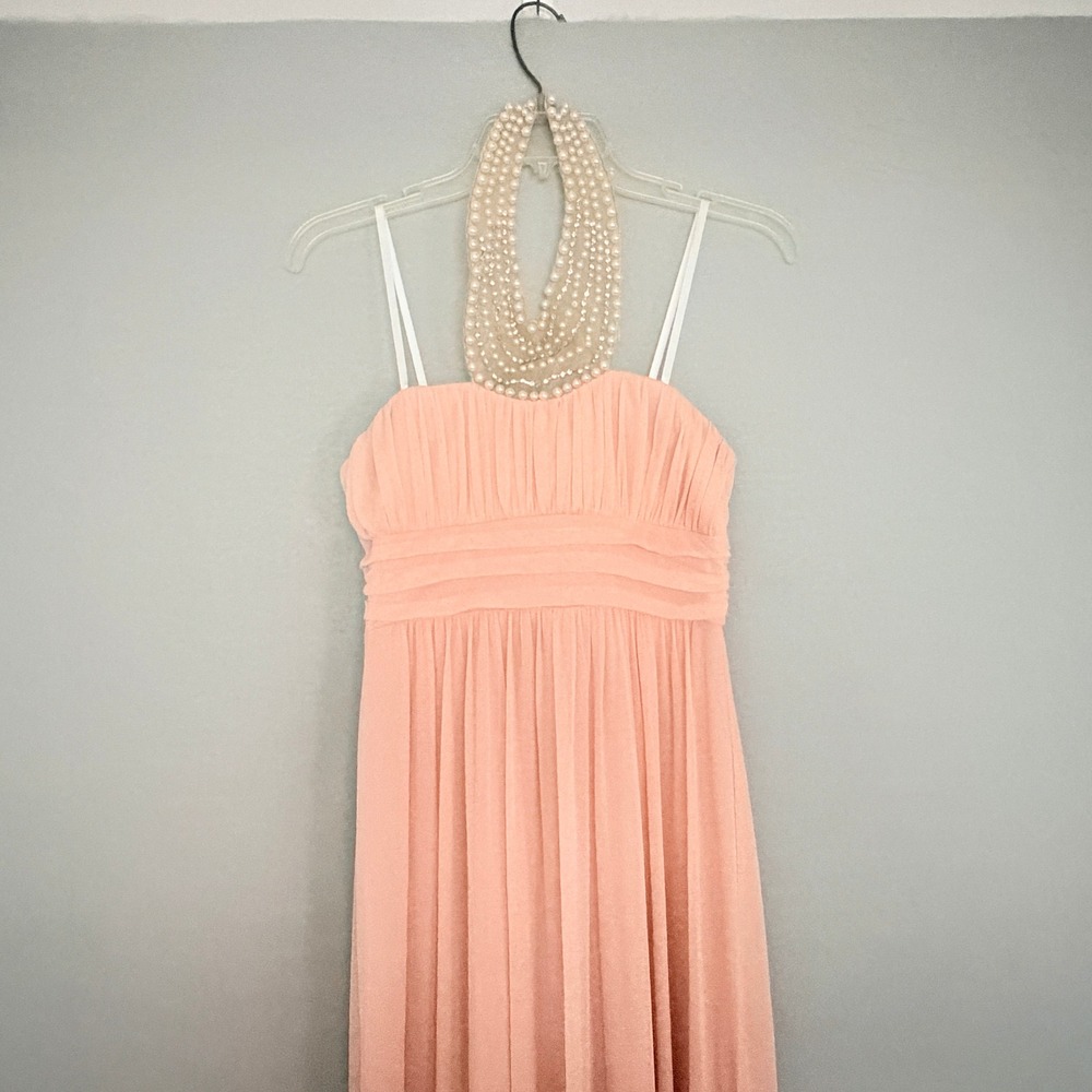 City Triangles Pearl Halter Mesh Maxi Dress Womens Size 3 Blush Pink Formal Prom - Picture 5 of 14